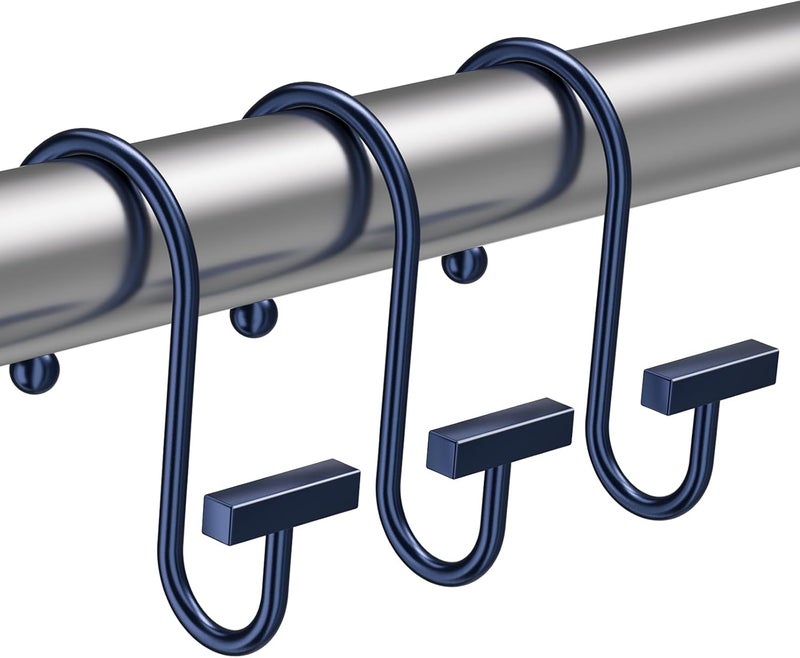 Bathway Navy Blue Shower Curtain Hooks, Shower Curtain Rings Rust Proof, 12PCS Shower Hooks for Shower Curtain, T-Bar Design Convenient Elegant Shower Curtain Hangers for Bathroom Kitchen Wardrobe - Image 1